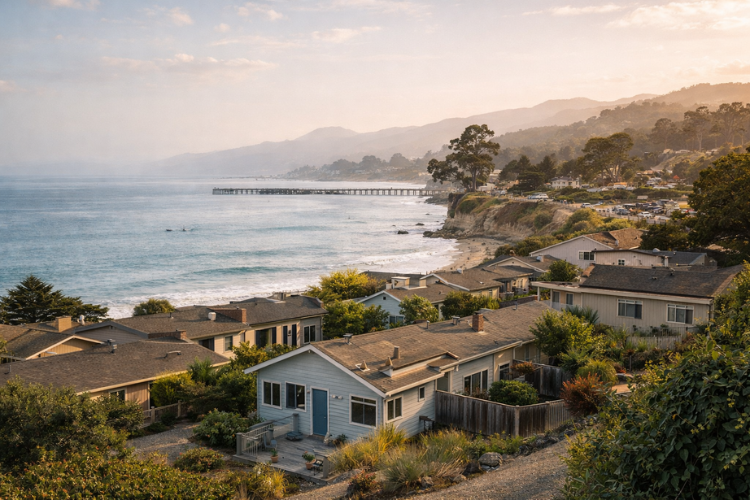 Aerial view of Santa Cruz California between the Pacific Ocean and mountains showing why limited land supply keeps home prices high
