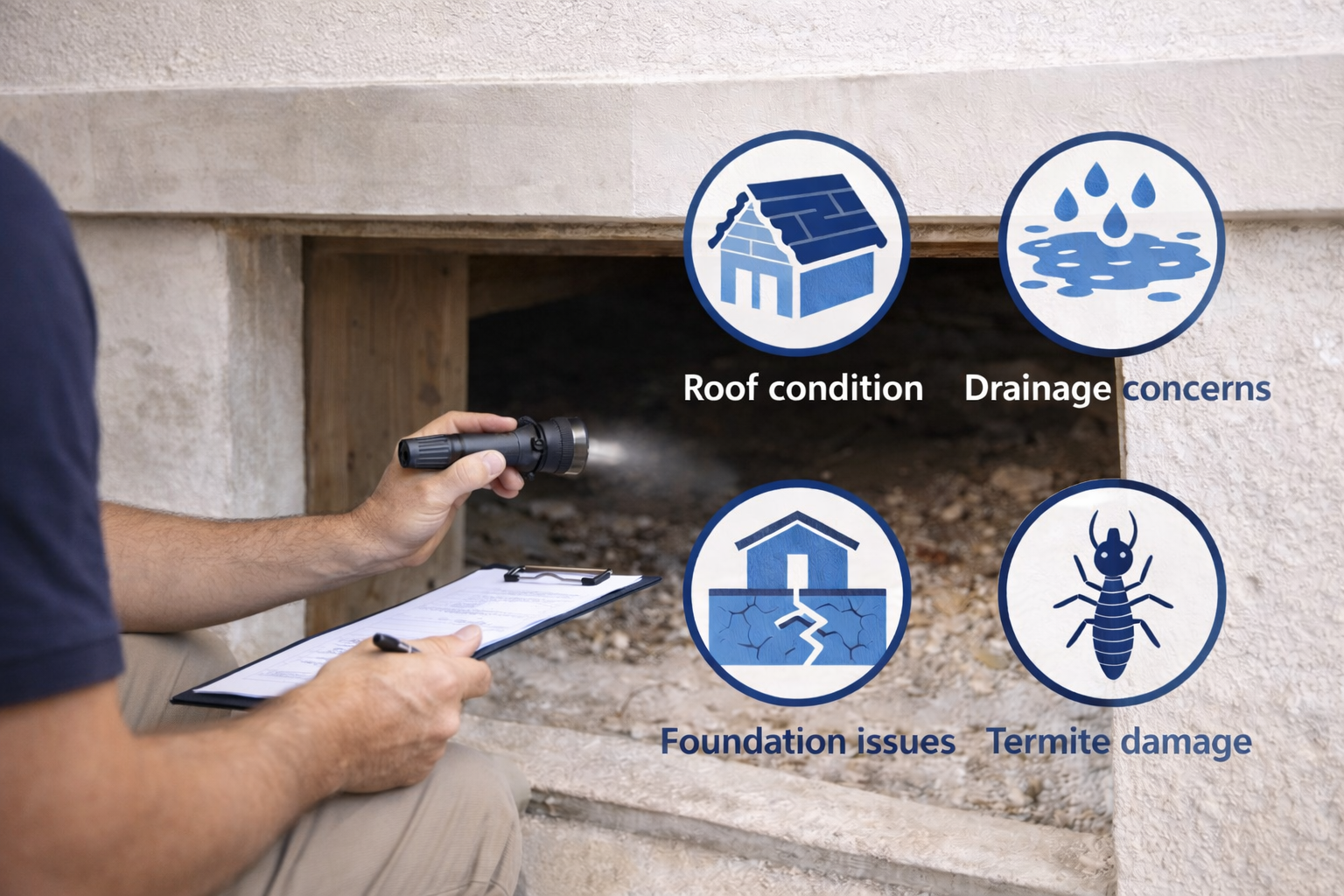Home inspection of crawl space showing key issues buyers care about before purchasing a home in Santa Cruz CA including roof condition, drainage, foundation issues, and termite damage