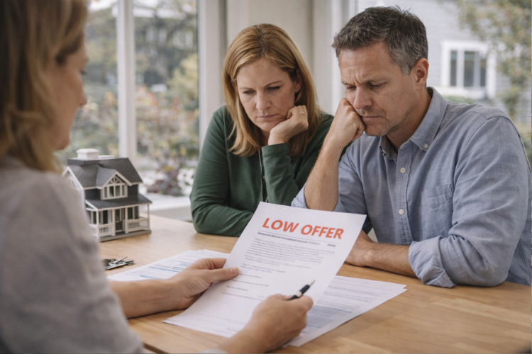 Santa Cruz home sellers reviewing a low offer with a real estate agent after their property sat on the market too long, illustrating how overpriced homes weaken negotiating power in the Santa Cruz real estate market.