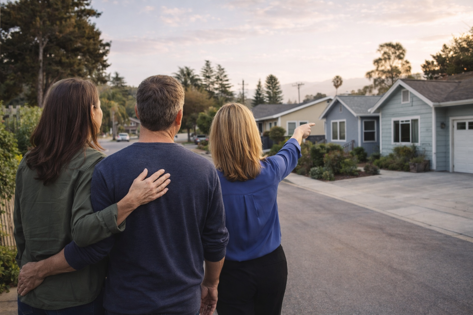 Real estate agent walking buyers through a Santa Cruz neighborhood explaining how location affects home values