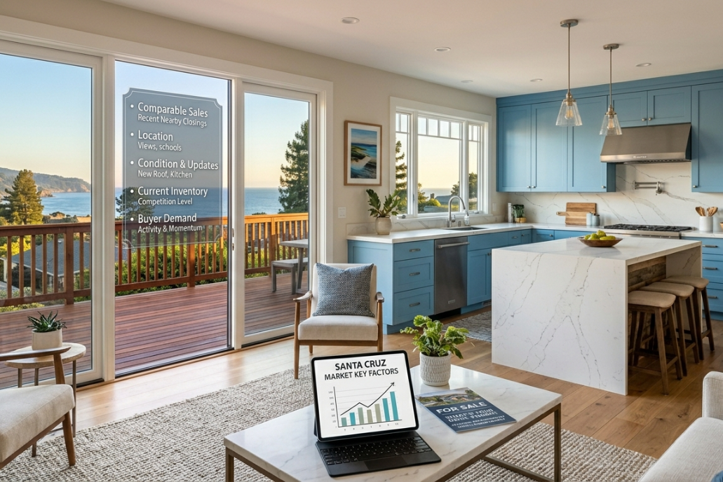 An interior view of a Santa Cruz home for sale showcasing a newly renovated kitchen with modern blue cabinetry, high-end quartz countertops, and a large island, leading out to a spacious deck that captures the iconic coastal landscape and ocean breeze of Northern California.