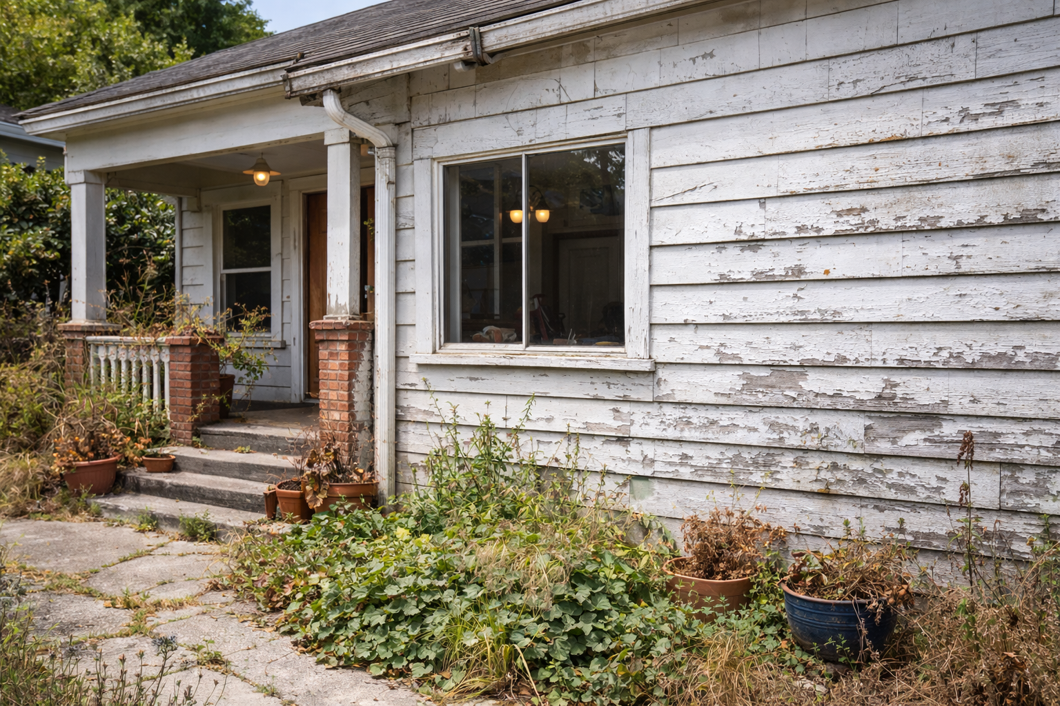 Close-up of a neglected beach cottage in Santa Cruz’s Westside neighborhood showing peeling paint, overgrown landscaping, and deferred exterior maintenance before listing a home for sale.