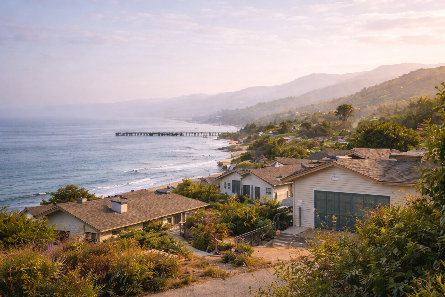 Hillside homes in a Santa Cruz California coastal neighborhood overlooking the Pacific Ocean with scenic beach and mountain views.