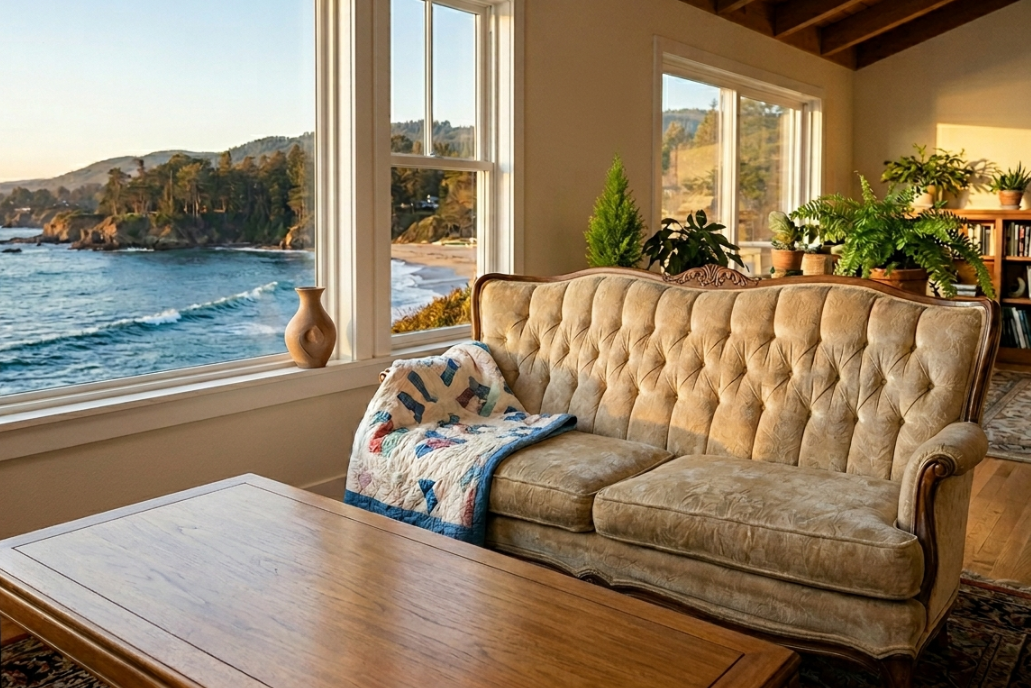 A bright and airy living room in a Santa Cruz home for sale, highlighted by massive picture windows that provide an unobstructed view of the Pacific Ocean waves and rugged cliffs, demonstrating the premium location and lifestyle appeal of real estate in Santa Cruz County.