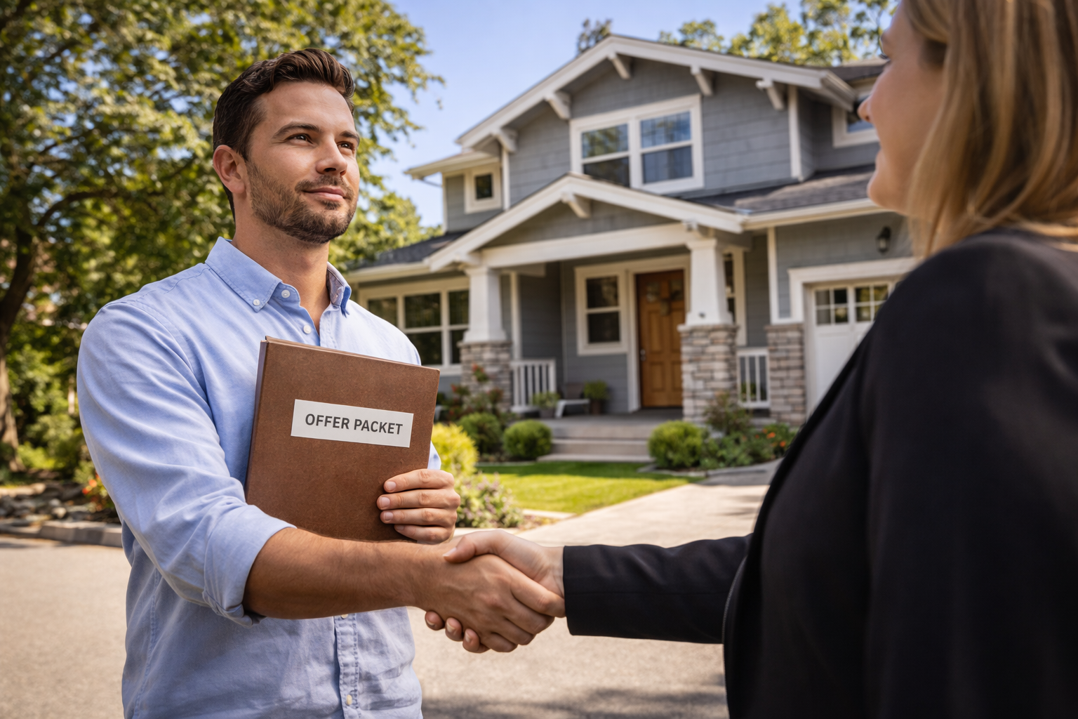 Home buyer in Scotts Valley, Santa Cruz County shaking hands with a real estate agent while holding an offer packet in front of a modern craftsman home, representing strong negotiating leverage and purchase readiness.