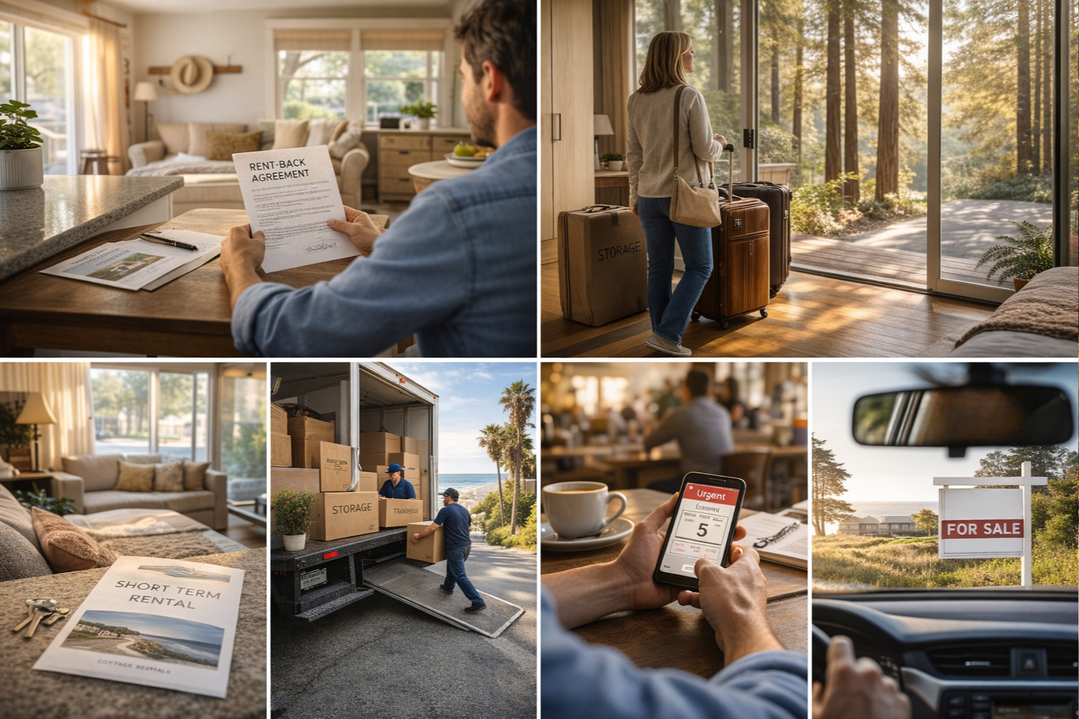 Six-panel photo collage showing a Santa Cruz homeowner’s transition after selling first, including rent-back agreement, temporary housing, moving truck, storage, and viewing the next home.