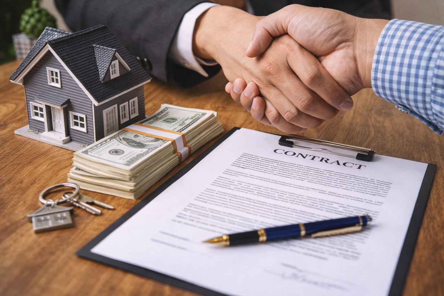 Real estate contract signing with handshake, house model, cash, and keys representing strong buyer terms and a successful home sale transaction.