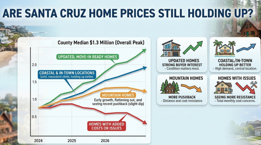 Infographic showing Santa Cruz County real estate market trends and home price performance across different property types and locations. The chart compares updated move-in ready homes, coastal and in-town properties, mountain homes, and homes with deferred maintenance or added costs. The graphic highlights how Santa Cruz home prices are performing in today’s housing market and which properties are holding value best.