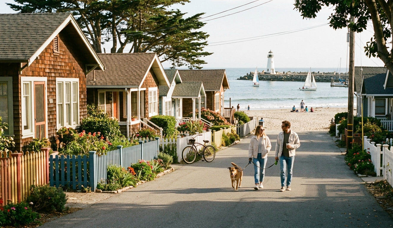 Charming coastal cottages in a Santa Cruz beach neighborhood near Capitola, with colorful homes, a sandy path leading to the ocean, and residents walking along a quiet street. The image reflects relaxed coastal living, walkability, and the appeal of buying a home near the beach in Santa Cruz County.