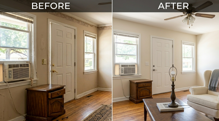 A side by side before and after comparison of a living room showing small home repairs including fixed wall cracks, repaired trim, updated lighting, and neat furniture setup to reduce buyer doubt during home inspections.