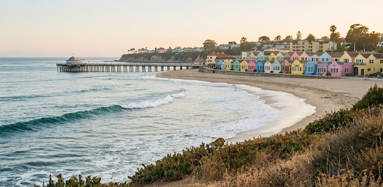 Scenic view of Capitola beach in Santa Cruz County with colorful seaside homes, a pier extending into Monterey Bay, gentle ocean waves, and a warm coastal sunset, representing the relaxed beach lifestyle and highly desirable coastal real estate in Santa Cruz California.