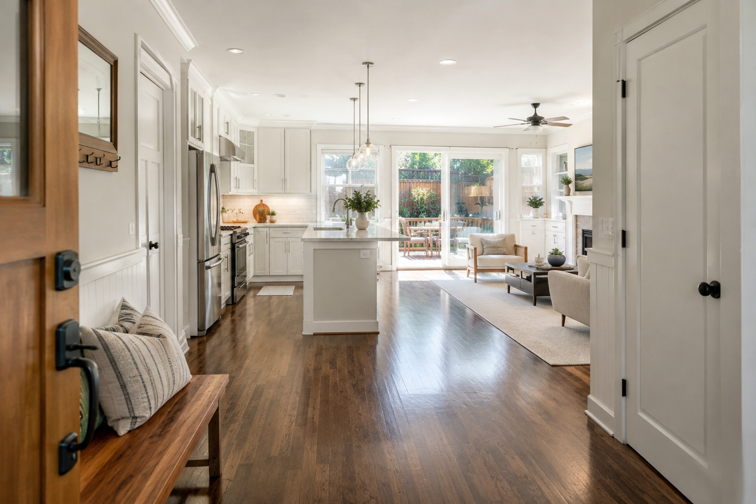 Wide-angle interior photograph of a spotless open-concept Craftsman home in Santa Cruz California featuring dark hardwood flooring, white kitchen cabinetry, stainless steel appliances, recessed lighting, and a bright living room opening to a backyard patio. The clean entryway bench, staged furniture, organized layout, and natural coastal lighting create a move-in-ready atmosphere ideal for real estate showings and first impressions with buyers.