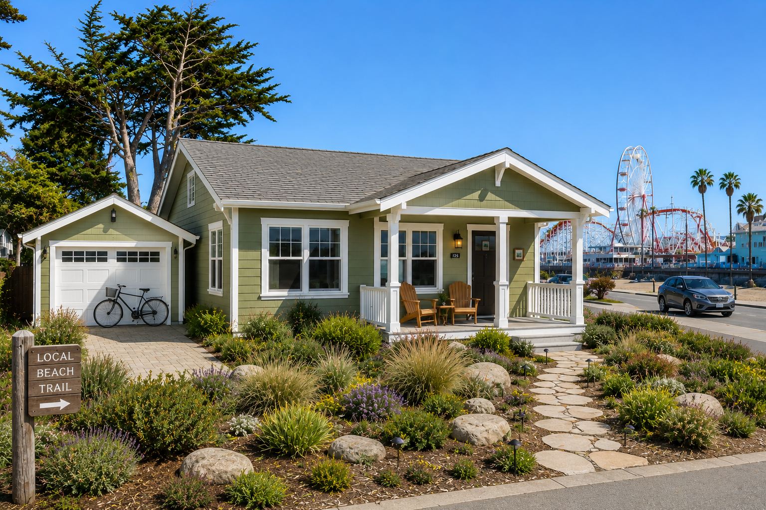 Realistic photograph of a charming single-story coastal cottage in Santa Cruz, California, featuring light olive-green siding with white trim, a welcoming front porch with wooden Adirondack chairs, and professionally landscaped native coastal plants along a curved stone pathway. A detached garage with a bicycle parked outside sits beside the home, while the Santa Cruz Beach Boardwalk Ferris wheel and roller coaster rise in the background under a bright blue sky. The clean, sunny scene captures relaxed beach living, walkability, curb appeal, and the desirable coastal lifestyle near local Santa Cruz attractions.