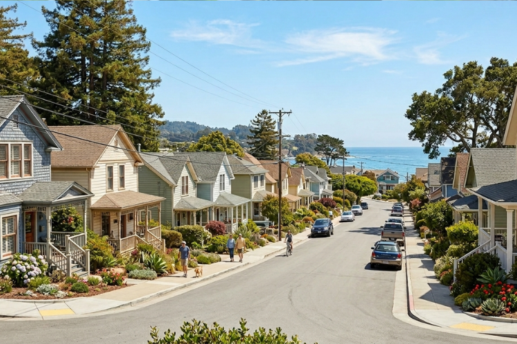 A scenic view of a Santa Cruz neighborhood street lined with colorful coastal homes leading toward the ocean. This image highlights the coastal access and established neighborhood feel of Santa Cruz proper.