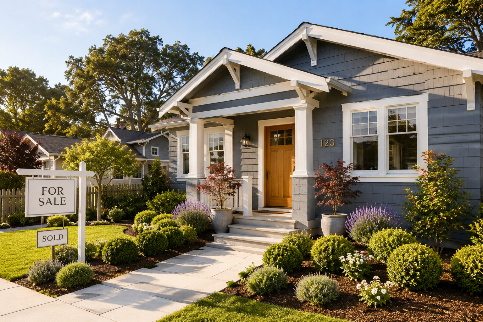 Freshly prepared Craftsman-style home in Santa Cruz California with strong curb appeal, clean landscaping, trimmed hedges, fresh mulch, and newly painted natural wood front door. The exterior features blue-gray coastal siding, white trim, visible house numbers, lavender plantings, and a professional for sale sign with sold rider in the front yard. Warm morning sunlight highlights the clean concrete walkway and well-maintained exterior designed to attract buyers in the Santa Cruz real estate market.