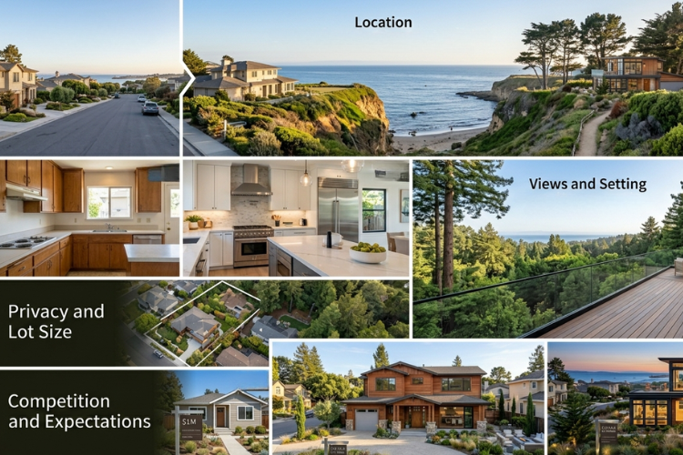 Factors That Affect Home Value in Santa Cruz County Real Estate Real estate collage showing factors that influence home values in Santa Cruz County, including ocean views, location, privacy, lot size, kitchen upgrades, competition, neighborhood setting, and luxury home features. The image illustrates what buyers compare when evaluating Santa Cruz homes for sale.