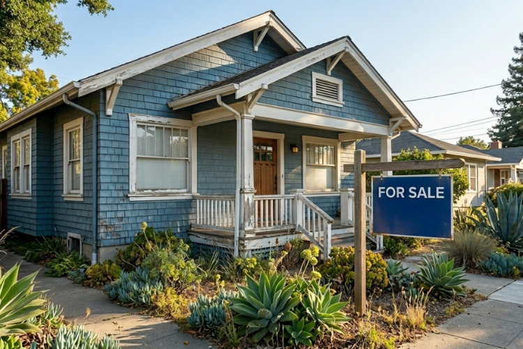Blue craftsman-style bungalow in Santa Cruz California with a “For Sale” sign in the front yard, surrounded by drought-tolerant landscaping and mature neighborhood homes. The image represents typical single-family homes in Santa Cruz County and reflects current Santa Cruz real estate market conditions for buyers and sellers.