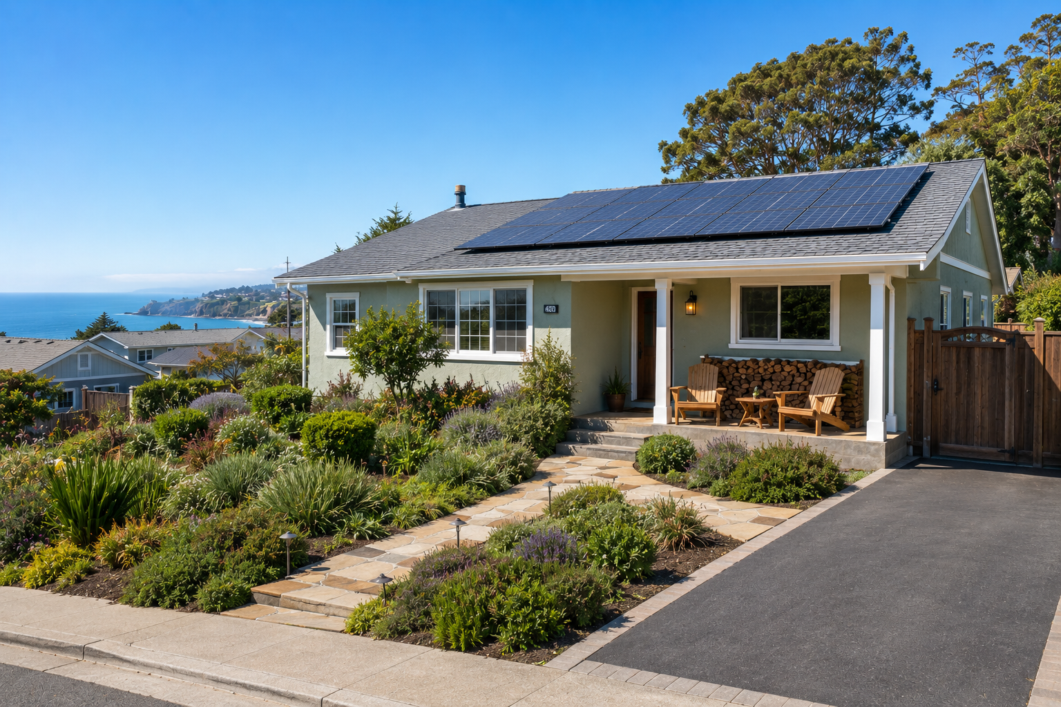High-resolution image of a beautifully maintained ranch-style coastal home in Santa Cruz County with sage-green stucco exterior, white trim, and rooftop solar panels overlooking the Pacific Ocean. The front yard showcases lush Mediterranean-style landscaping with native shrubs, flowering plants, pathway lighting, and natural stone walkways leading to a covered porch with Adirondack chairs and stacked firewood. The home sits on a quiet residential street with ocean and coastline views visible beyond neighboring homes under a sunny California sky, emphasizing sustainable coastal living and premium curb appeal in Santa Cruz real estate.