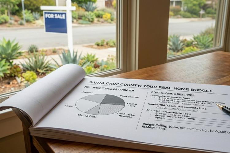 Detailed view of a mortgage pre-approval and budget planning worksheet for the Santa Cruz real estate market. The image emphasizes defining a real price range to gain a stronger negotiating position when making offers.