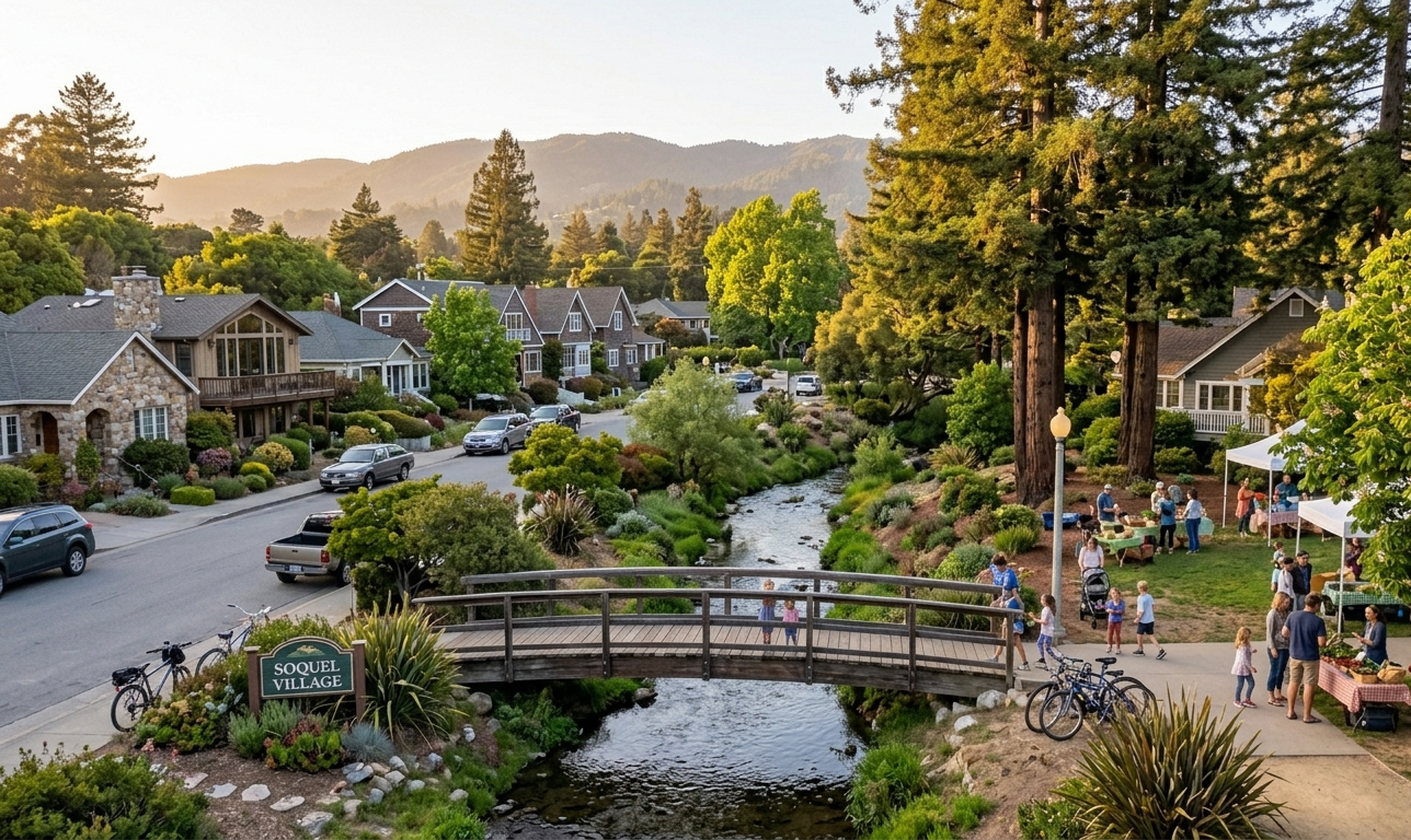 Aerial-style view of Soquel Village in Santa Cruz County showing a tree-lined residential neighborhood, a small creek with a pedestrian bridge, and families gathering in a park setting. The image showcases community lifestyle, natural surroundings, and neighborhood appeal for home buyers considering moving to Santa Cruz.