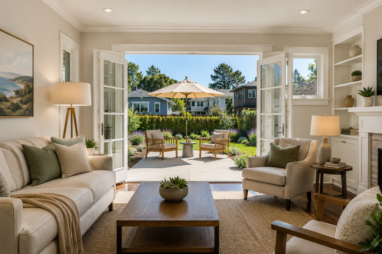 Bright, professionally staged Craftsman-style living room inside a Santa Cruz California home with open French doors leading to a clean backyard patio. The interior features neutral coastal decor, recessed lighting, organized built-in shelving, hardwood floors, modern furniture, and natural sunlight flooding the space. Outside, a manicured backyard with teak patio chairs, umbrella seating area, and landscaped garden beds creates an inviting indoor-outdoor living atmosphere ideal for Santa Cruz home buyers.