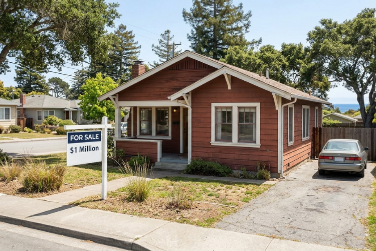What $1 Million Buys in Santa Cruz CA Real Estate Small craftsman-style home in Santa Cruz California with a “For Sale” sign displaying a $1 million asking price. The property represents entry-level Santa Cruz real estate pricing, showing typical home size, lot conditions, and neighborhood setting for buyers exploring homes for sale in Santa Cruz County.