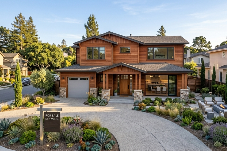What $1.5 Million Buys in Santa Cruz CA Move-Up Homes and Neighborhoods Large two-story craftsman home in Santa Cruz County with upgraded landscaping, modern finishes, and a “For Sale” sign showing a $1.5 million listing price. The image represents move-up homes in Santa Cruz real estate with larger floor plans, updated interiors, and desirable residential neighborhoods.