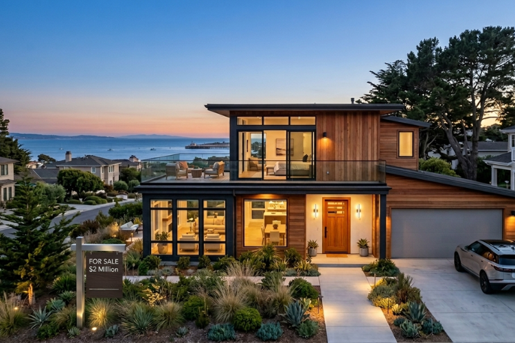 What $2 Million Buys in Santa Cruz CA Real Estate Luxury Coastal Homes Luxury modern coastal home in Santa Cruz California at sunset with panoramic Monterey Bay views, upscale landscaping, expansive windows, and a “For Sale” sign showing a $2 million listing price. The property represents high-end Santa Cruz luxury real estate and premium coastal living in Santa Cruz County.
